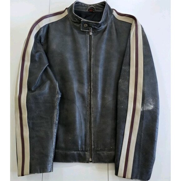 Danier Leather Jacket Men M Gray Biker Zip Striped LS Pockets Textured Rigid VTG - Picture 8 of 16